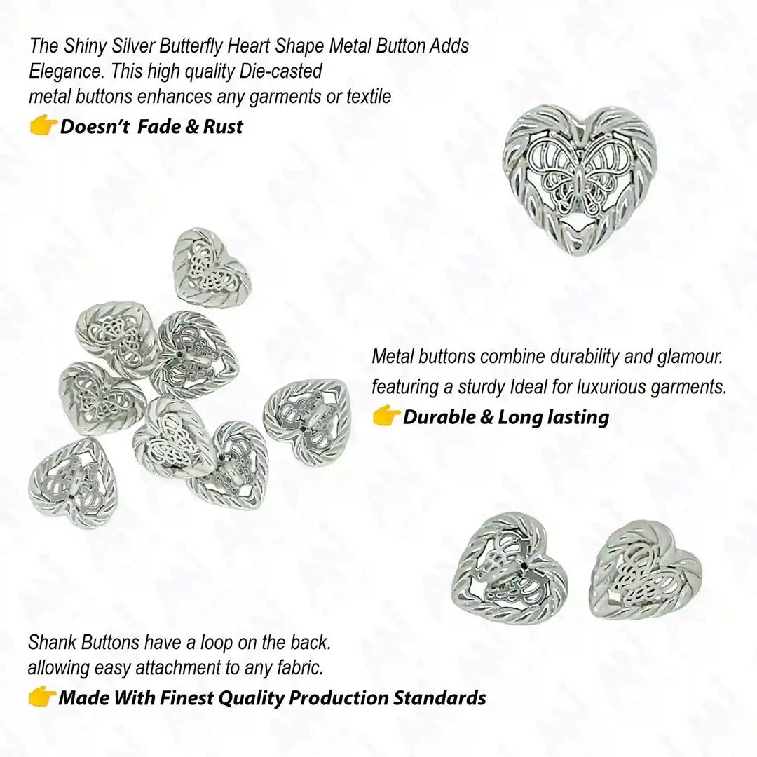 Butterfly Heart Shape Metal Shirt Buttons