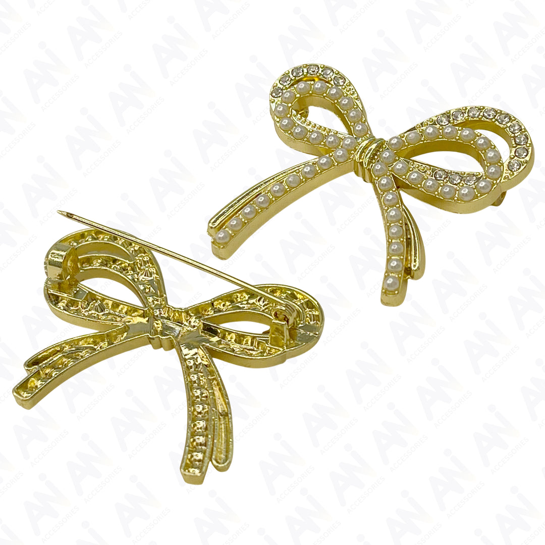 Bow Style Pearl Rhinestone Brooch