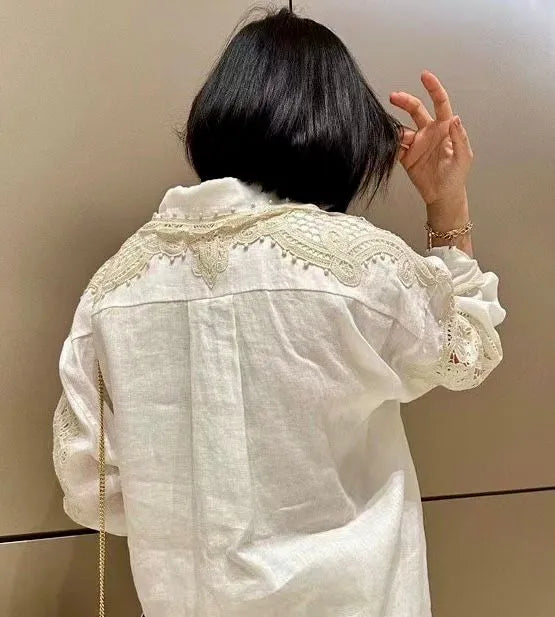 Backside view of floral yoke set by Ani Accessories shown on women’s shirt for garment finishing reference image detail image