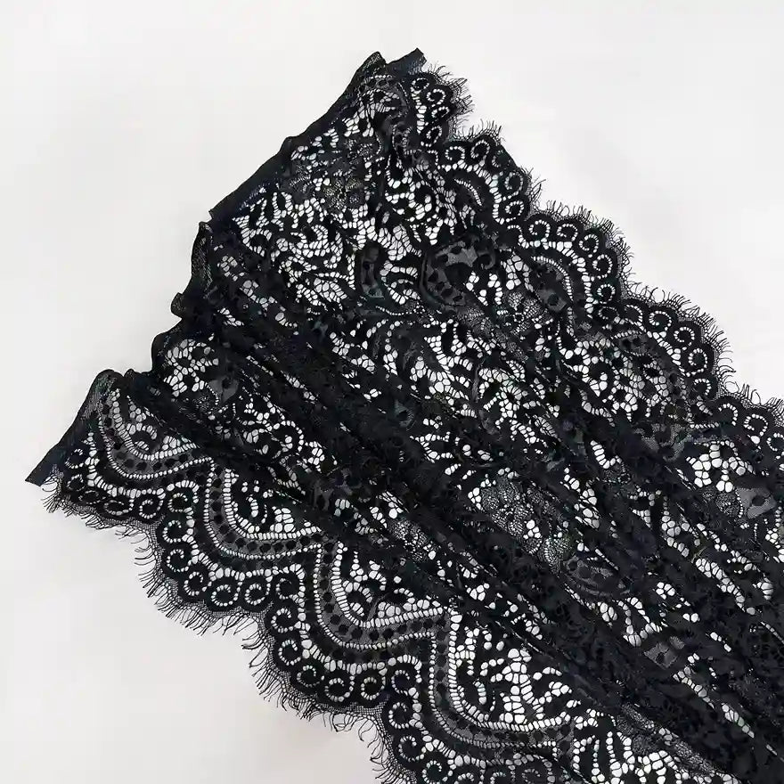 Black scalloped floral French fabric 28 inch width 3 meter panel by Ani Accessories for fashion design