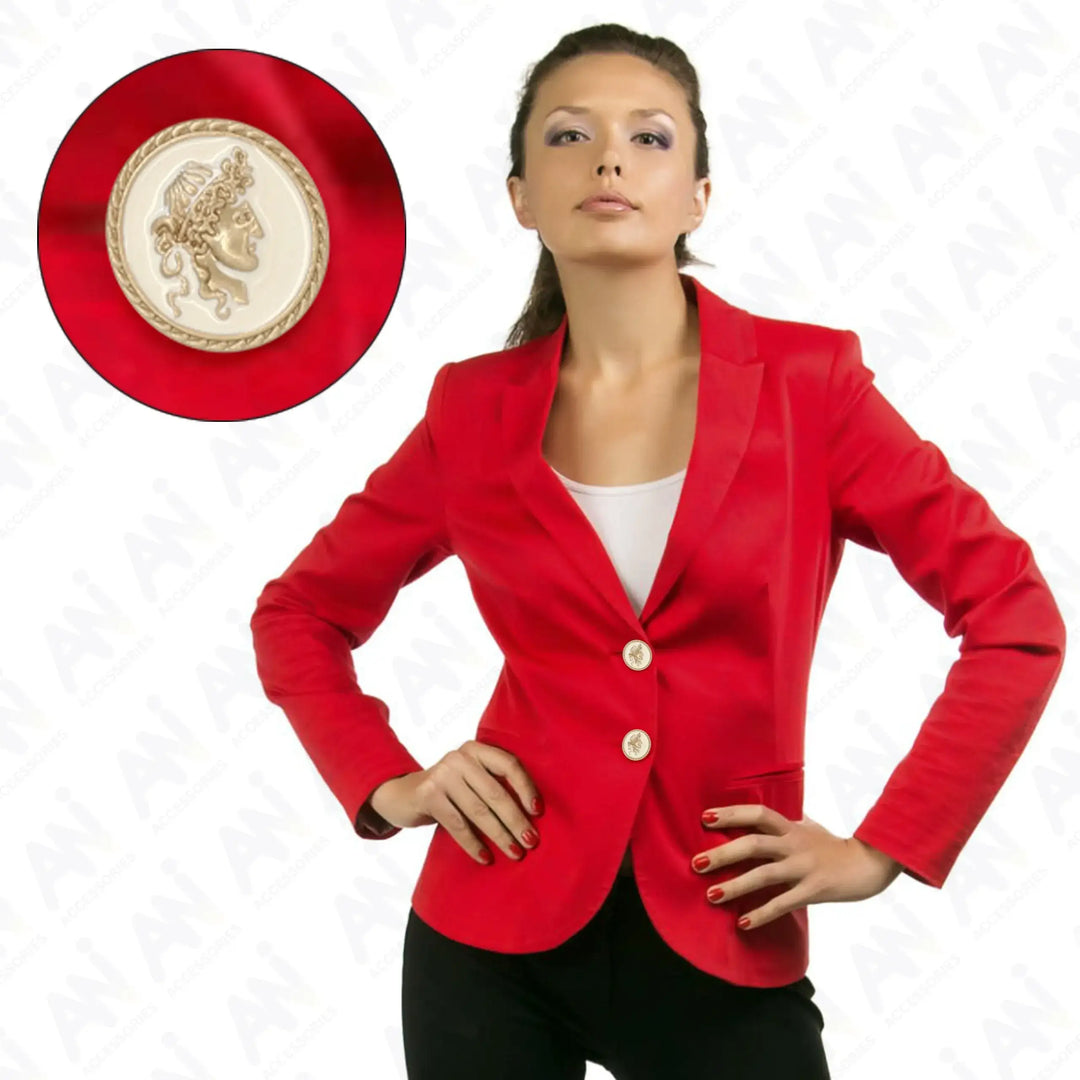 Ani Accessories buttons with model These buttons are ideal for use with coats, blazers and high-end garment designs.