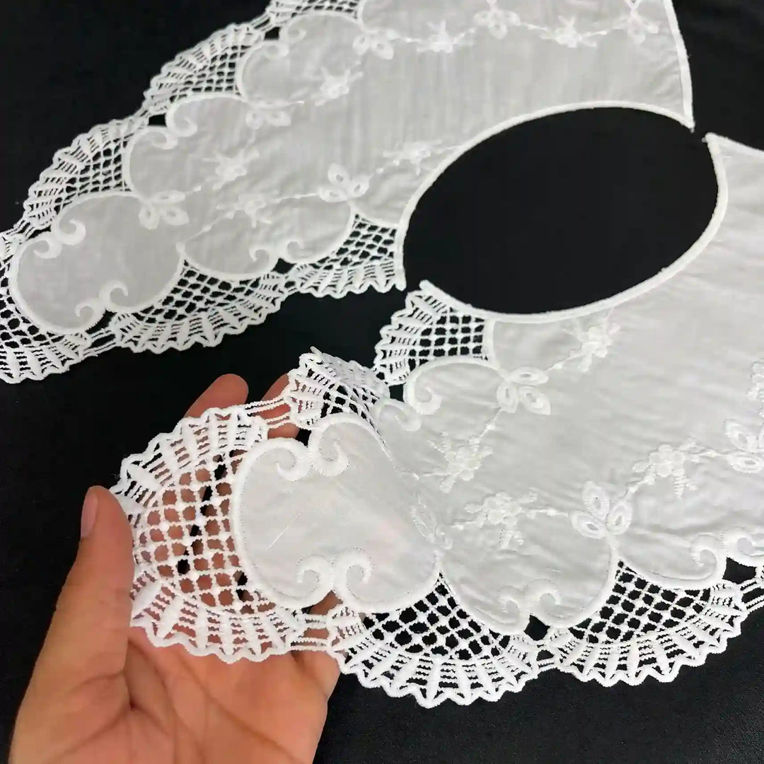 Classic Broderie Anglaise Peter Pan collar with intricate perforated embroidery and timeless feminine charm