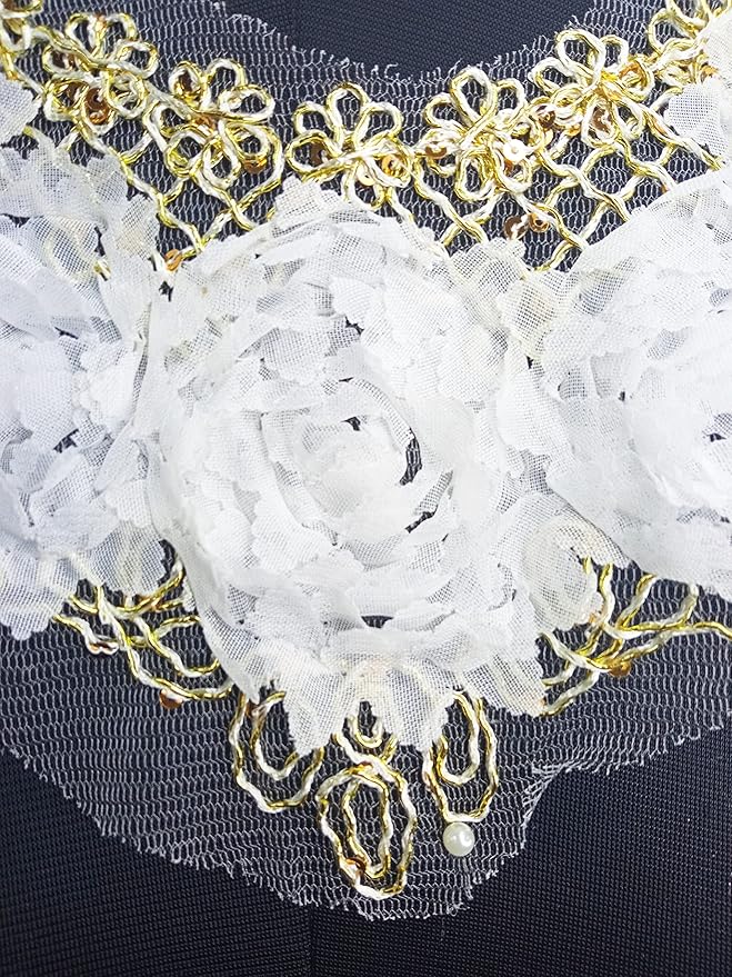 Close-up rose flower golden work dyeable neck applique highlighting fine embroidery texture and metallic thread detail