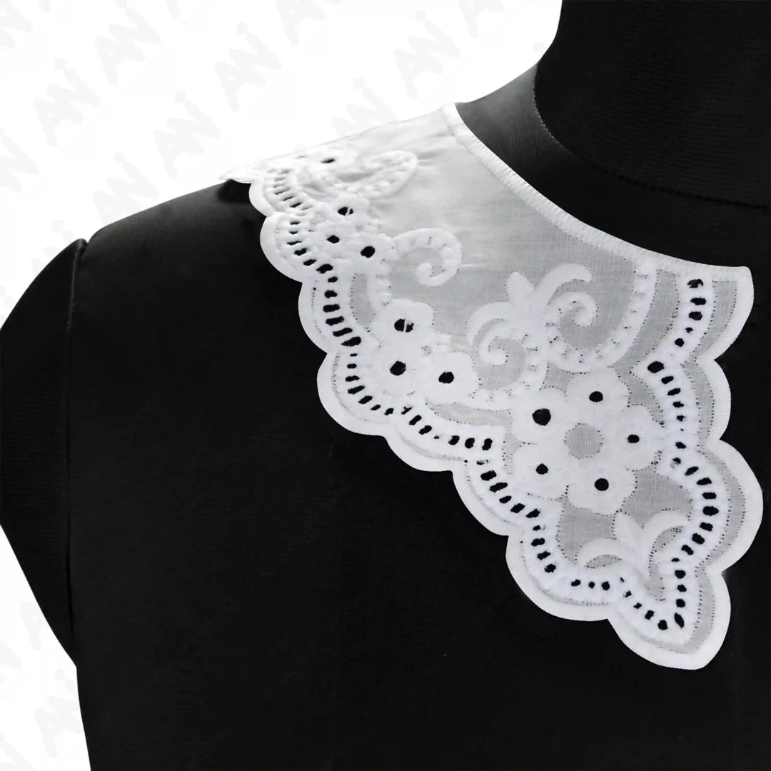 Close up shoot elegant Broderie Anglaise collar on shoulder by Ani Accessories, perfect for blouses, dresses and custom tailoring.