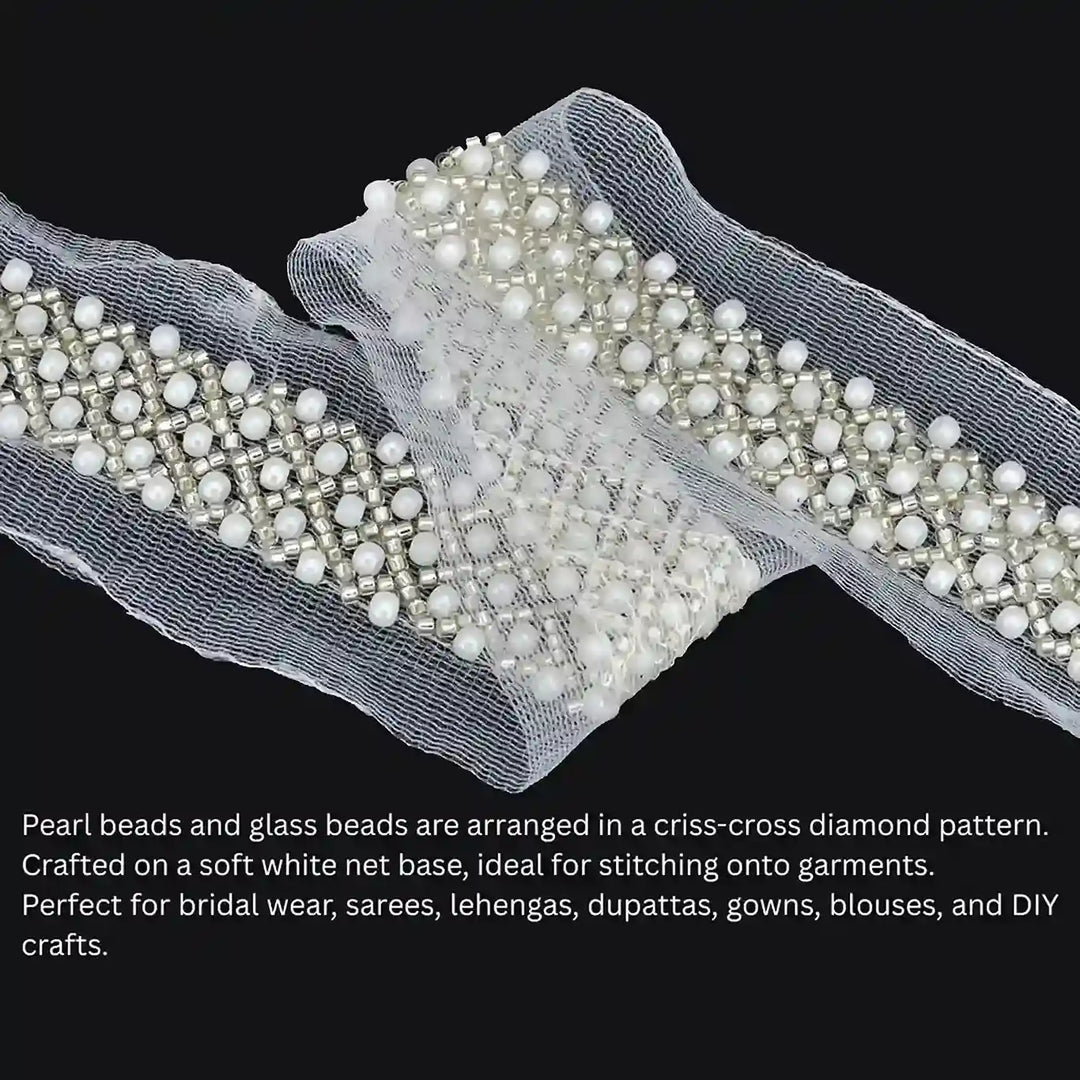 Pearl and Silver Beaded Netting Trim