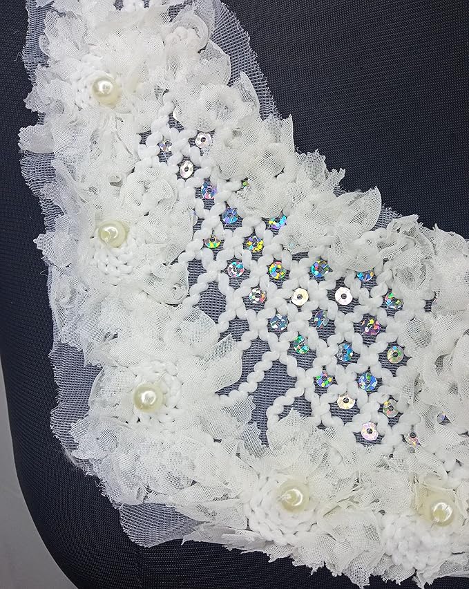 Designer cross pattern neckline with shimmering multicolor sequins, pearls and yellow stone work