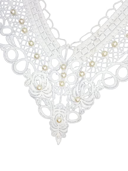 Detailed close-up of pearl-embellished cutwork neckline by Ani Accessories showing intricate design