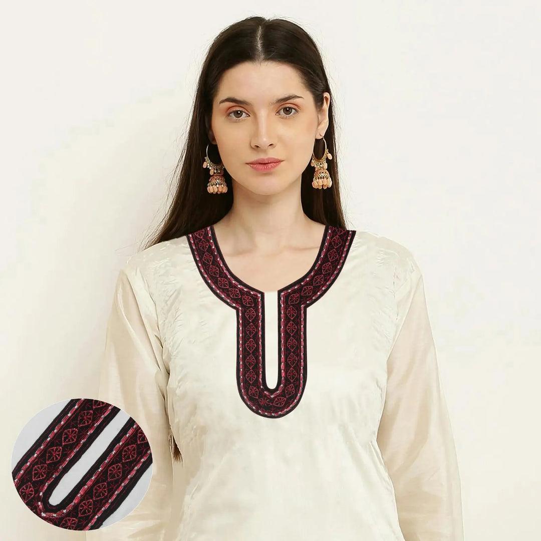 Elegant embroidery U-shaped scoop neckline yoke designed for dresses, kurtis and blouses by Ani Accessories on female model 