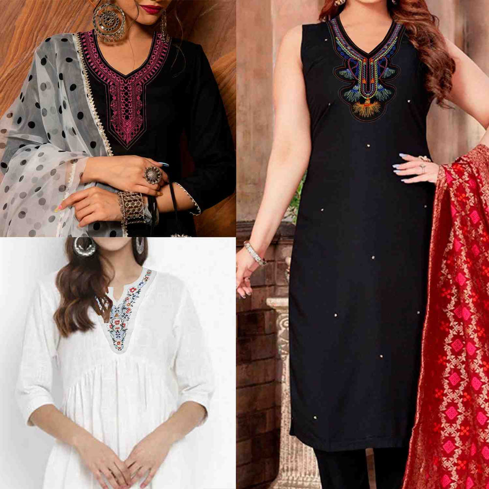 Elegant multicolor floral embroidered neckline by Ani Accessories featuring vibrant patterns for festive kurtis and suits on model 