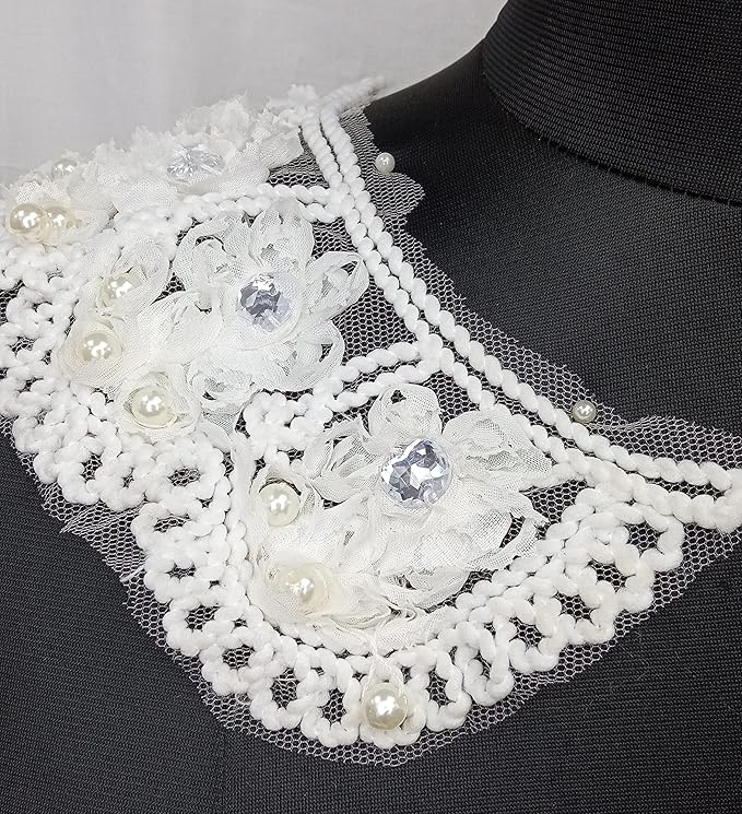 Elegant pearl and rhinestone diamond dyeable shoulder neckline applique design