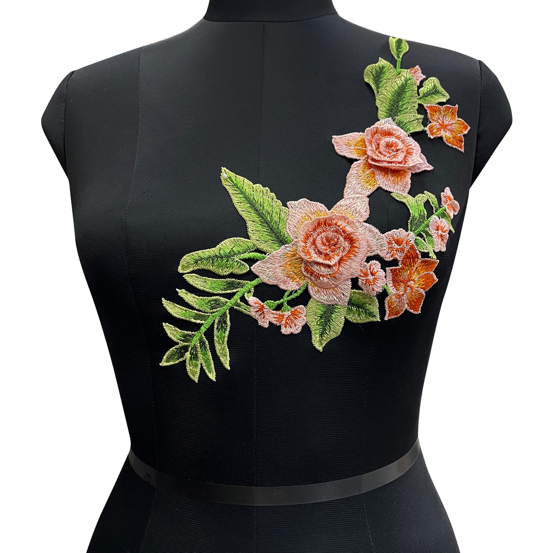 Embroidered Flower Patch by Ani Accessories on mannequin, decorative applique on garment display