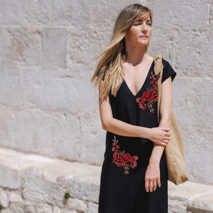 Embroidered Flower Patch for Female Style on model, decorative floral applique enhancing fashion wear by Ani Accessories