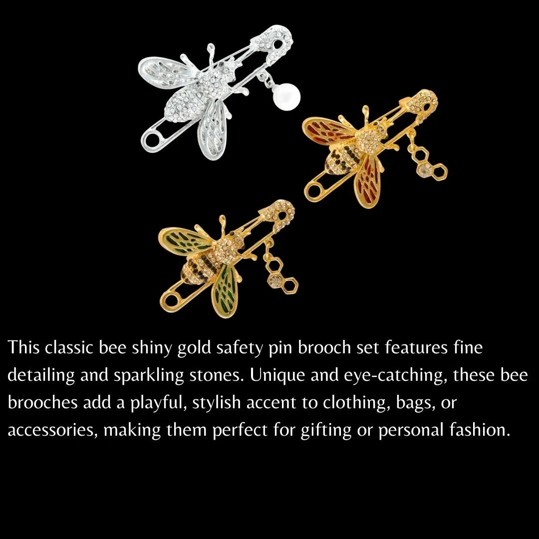 Set of three Ani Accessories bee-style safety pin brooches in gold, silver and green on black background, ideal for brooch safety pin near me.