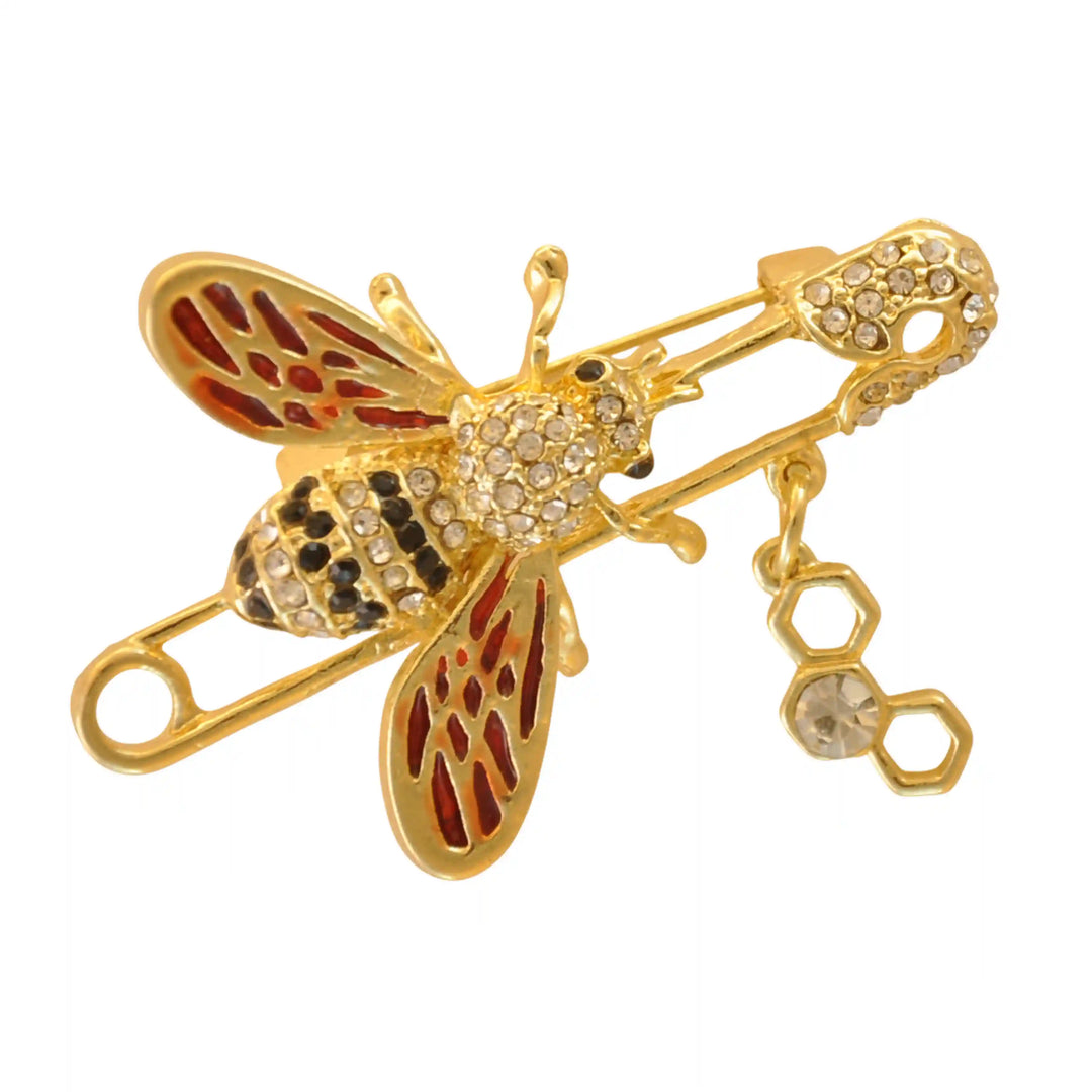 Ani Accessories close photo of silver and gold honey bee rhinestone safety pin brooch on white background for fashion accessories.