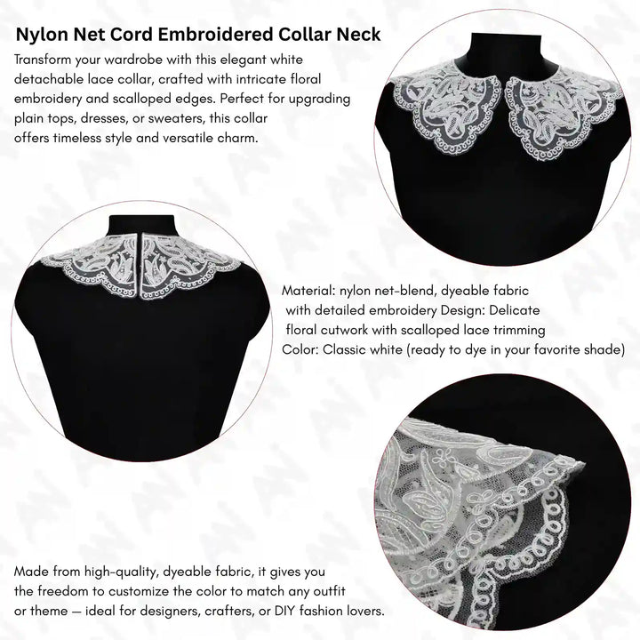 Floral embroidered neck collar applique with fine lace detailing for dress, kurti, blouse and costume decoration