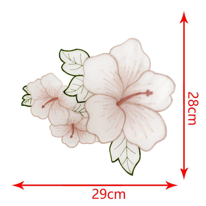Flower Patch by Ani Accessories showing size and dimensions, floral organza applique for fashion and DIY use