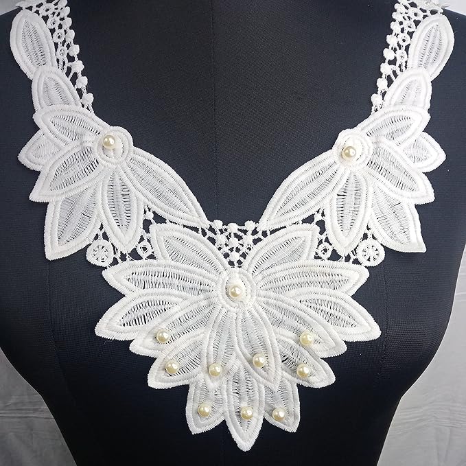 Front view of elongated lace floral pearl neckline by Ani Accessories on women’s apparel, showcasing detailed craftsmanship.