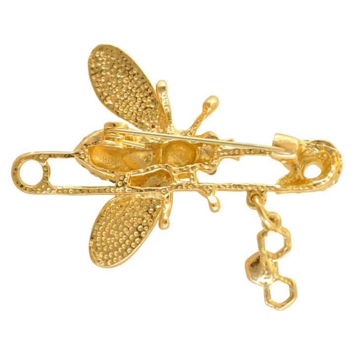 Ani Accessories gold bee-shaped safety pin brooch backside shown on a white background.