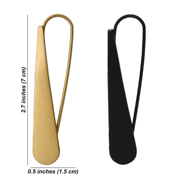 Gold and black sleek style safety pin shown size in measurements on a white background 