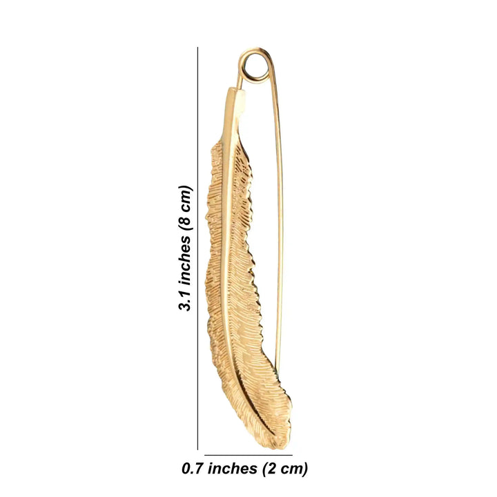 Gold feather-shaped brooch with measurements on a white background