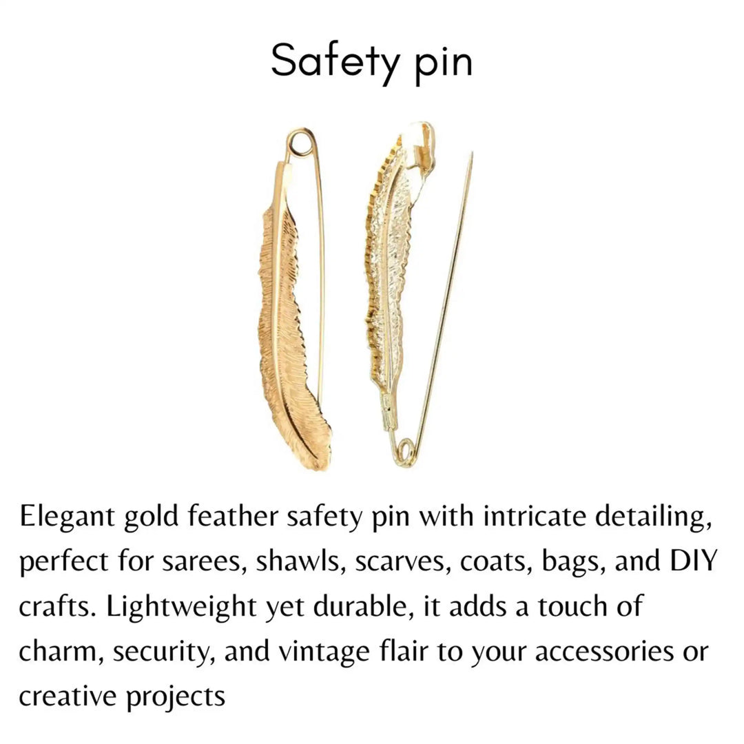 Gold feather safety pin with text describing its use and features on a white background as safety pin brooch, coat brooch, blazer brooch & more.