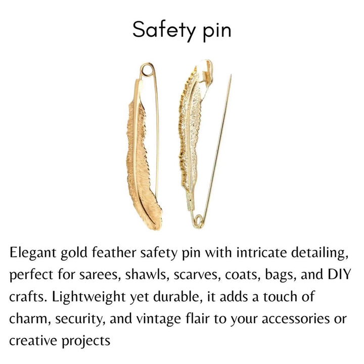 Gold feather safety pin with text describing its use and features on a white background as safety pin brooch, coat brooch, blazer brooch & more.