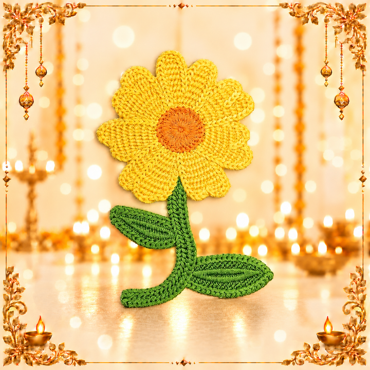 Crochet Sun Flower with Leaves Sew On Applique Patches