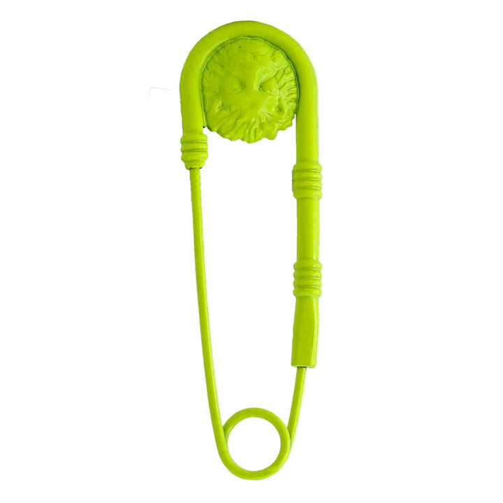 Neon green lion-head safety pin brooch by Ani Accessories, trendy accessory for standout styling.