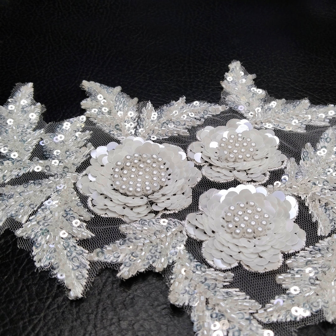 White Beaded Floral Applique with Sequins Patch