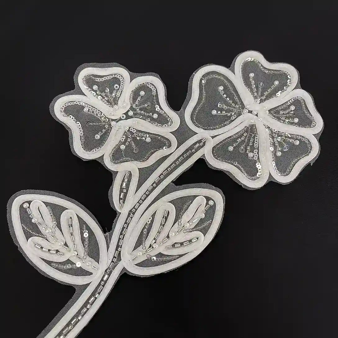 Couture Beaded Primrose-and-Blossom Stem Appliqué