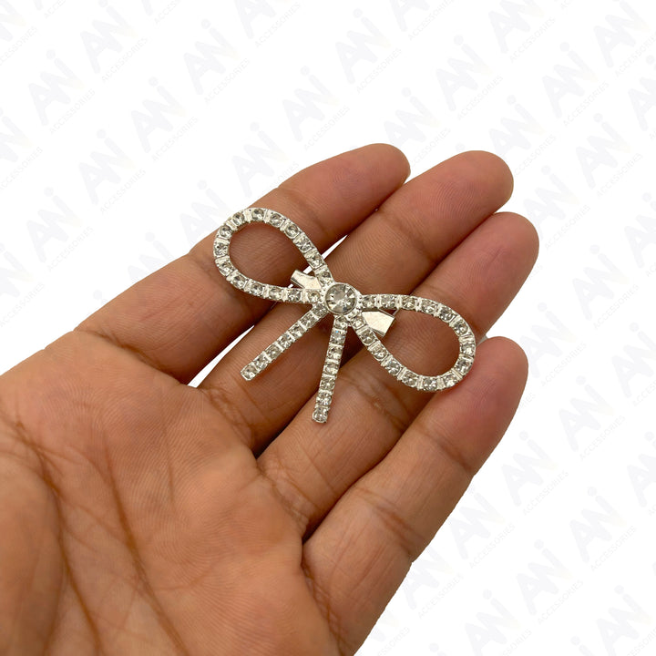 Bow Style Rhinestone Silver Metal Brooch