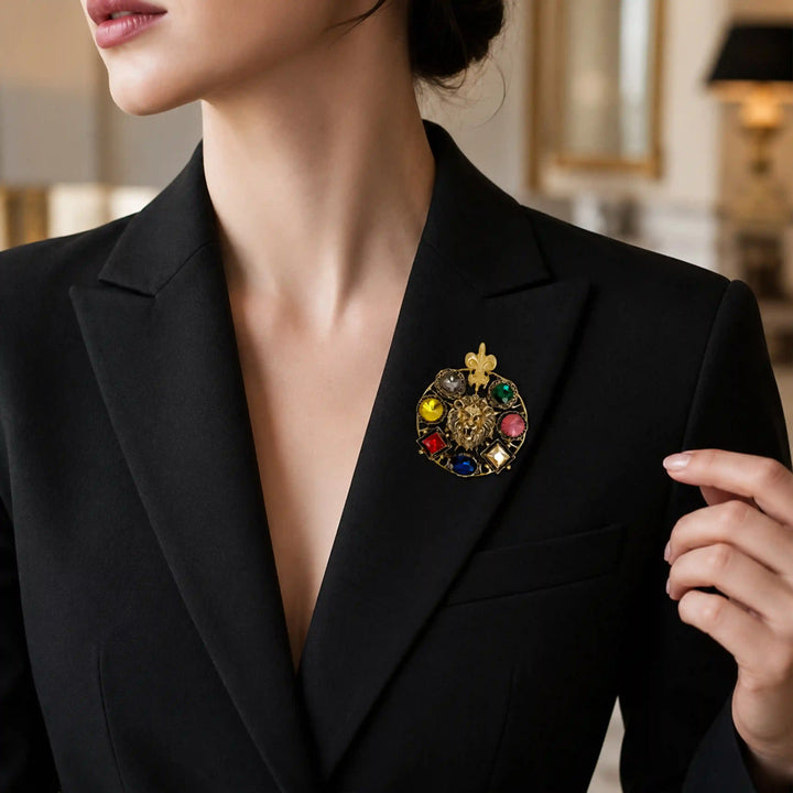 Lion Head Multi-Stone Brooch