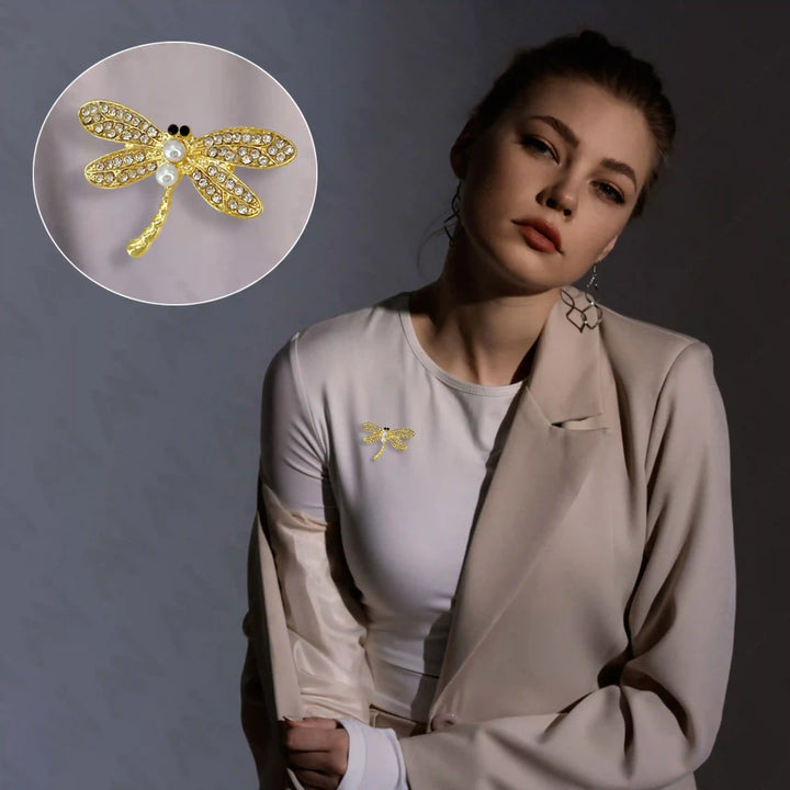 Dragonfly Pearl with Rhinestone Accent Brooch