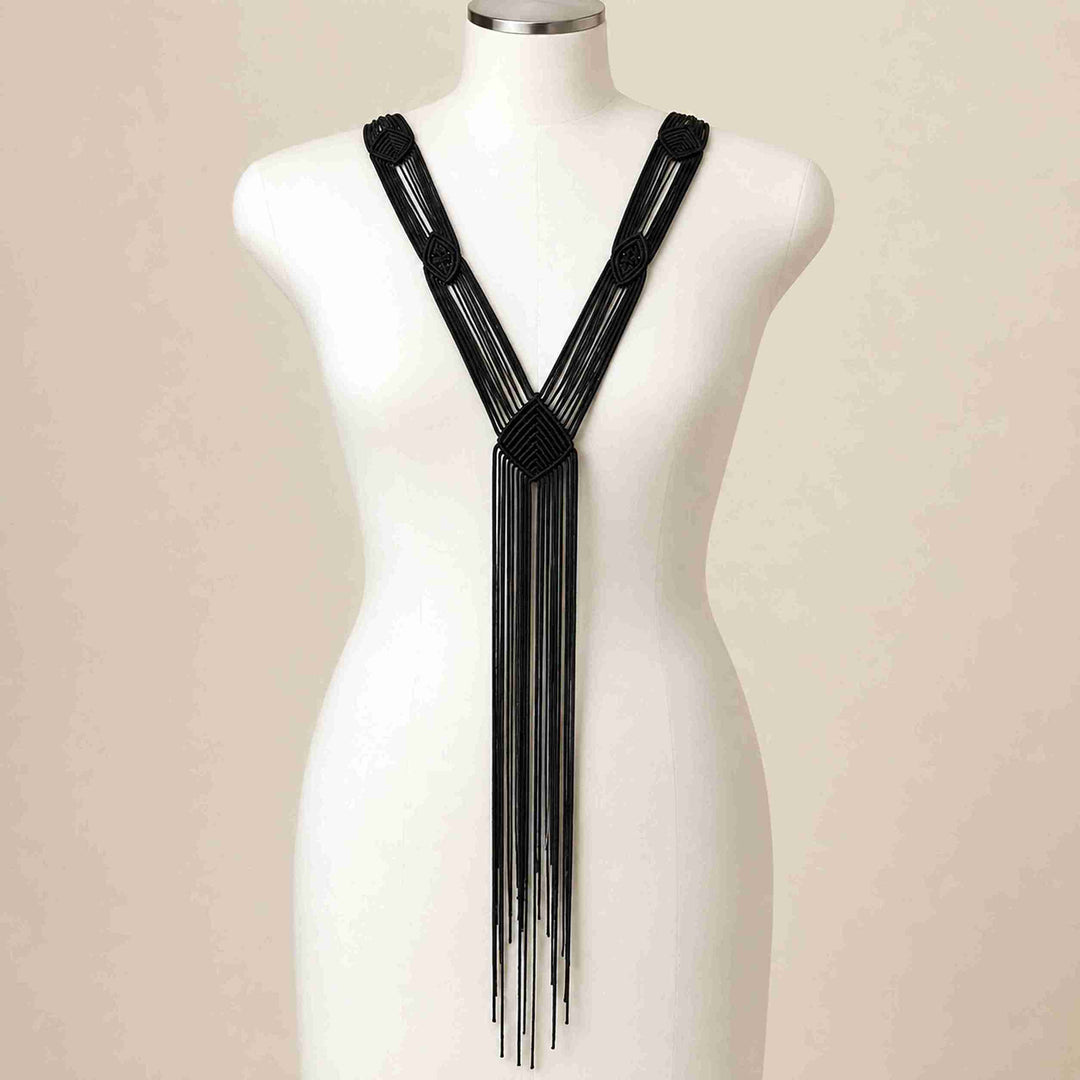 Black Macramé Y-Necklace Fringe Collar Patch