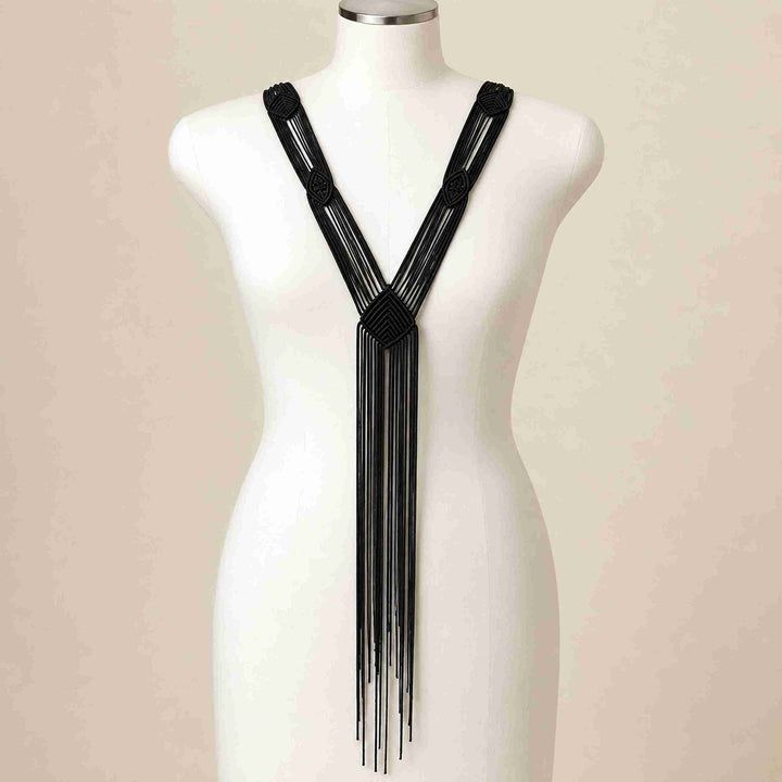 Black Macramé Y-Necklace Fringe Collar Patch
