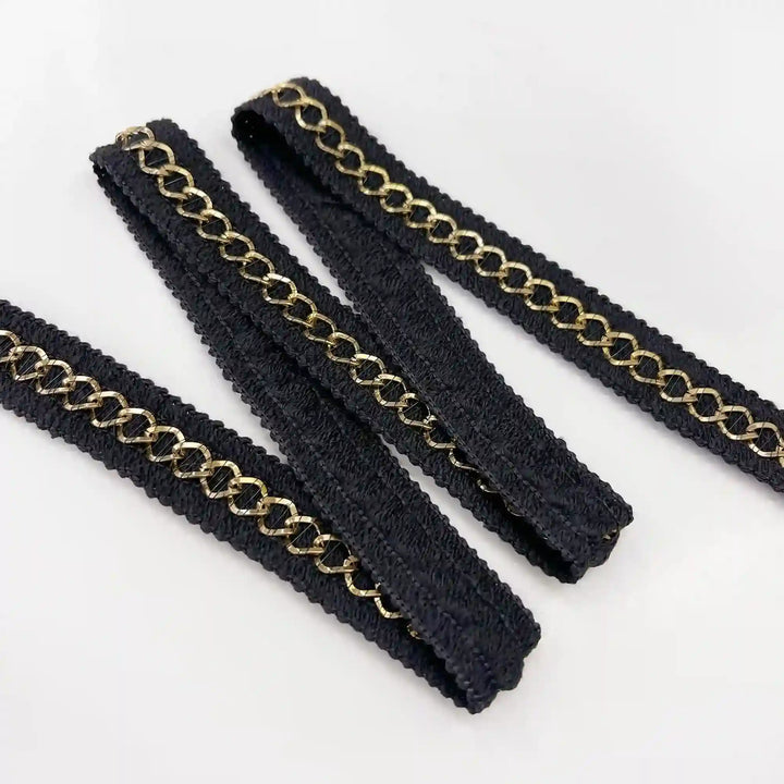 Black and Gold Chain Lace Trim, Braided Edge, 2 cm (2 Metres)