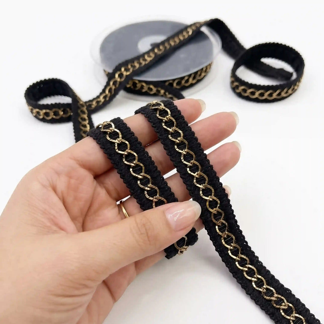 Black and Gold Chain Lace Trim, Braided Edge, 2 cm (2 Metres)