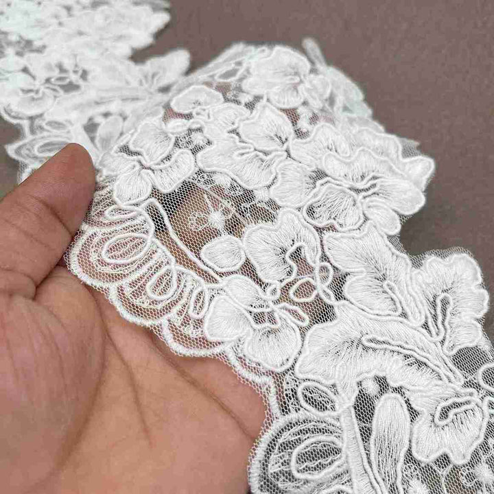 Italian Floral Embroidered Net Lace Trim | Width 14cm (5.5 Inches) 140mm | 2 Meters