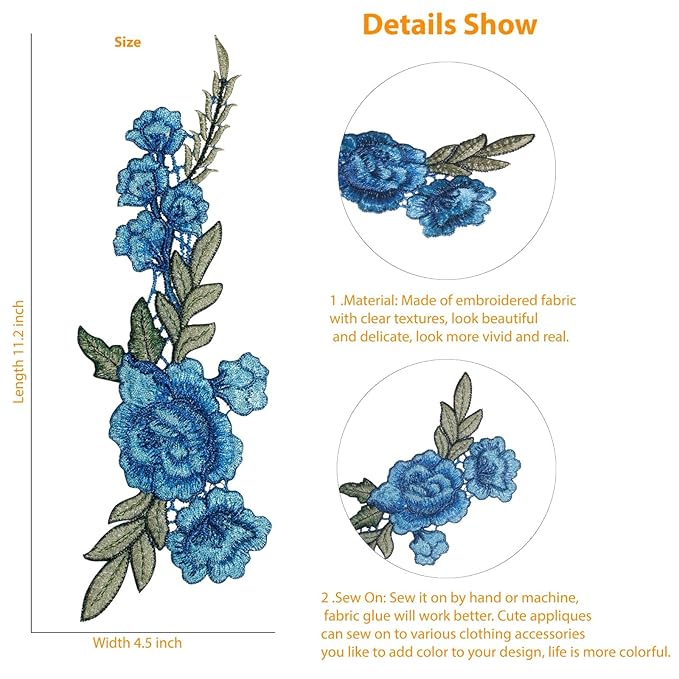 Infographic of Rose Flower Patch by Ani Accessories, showing size and dimensions, detailed floral applique for clothing and DIY projects