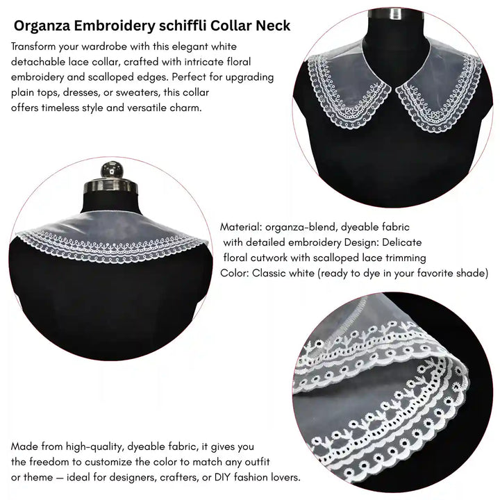 Inforgraphic of Floral border net neck collar by Ani Accessories suitable for festive wear, gowns and designer outfits.