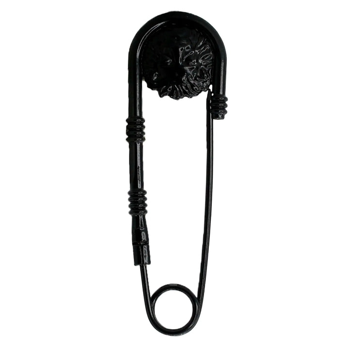 Black lion-head safety pin brooch by Ani Accessories, stylish modern pin for clothes and DIY fashion.