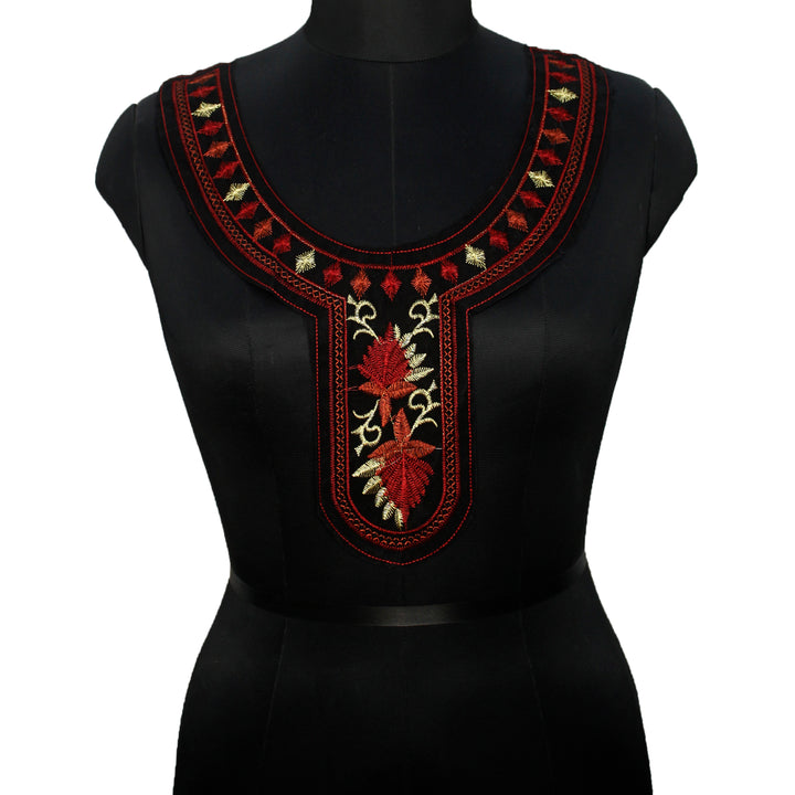 Contrast Red And Gold Neckline with Leaf Motif Neckline