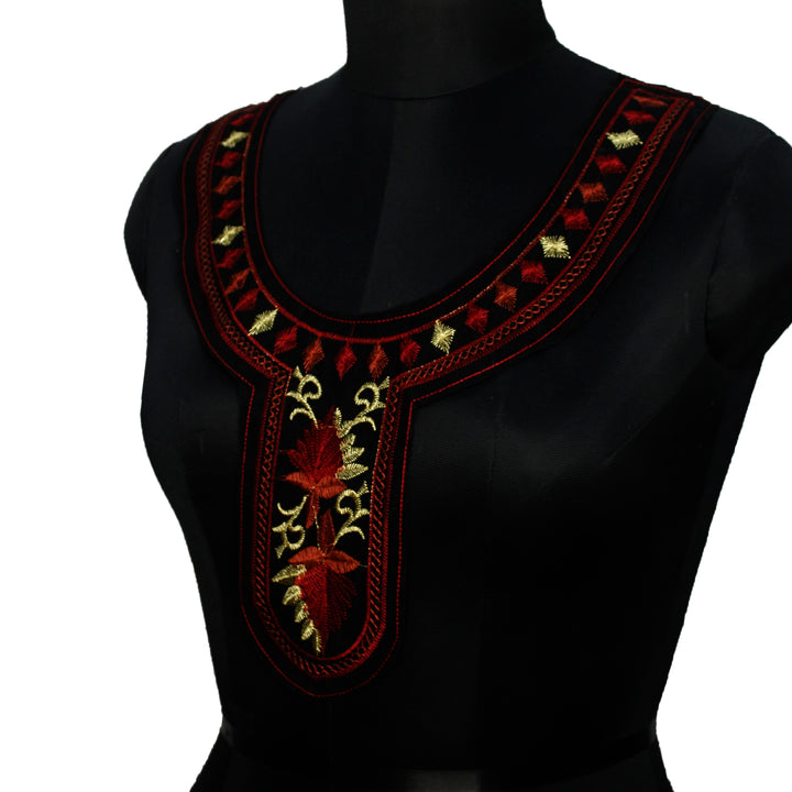 Contrast Red And Gold Neckline with Leaf Motif Neckline