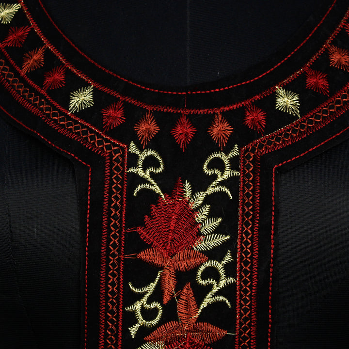 Contrast Red And Gold Neckline with Leaf Motif Neckline