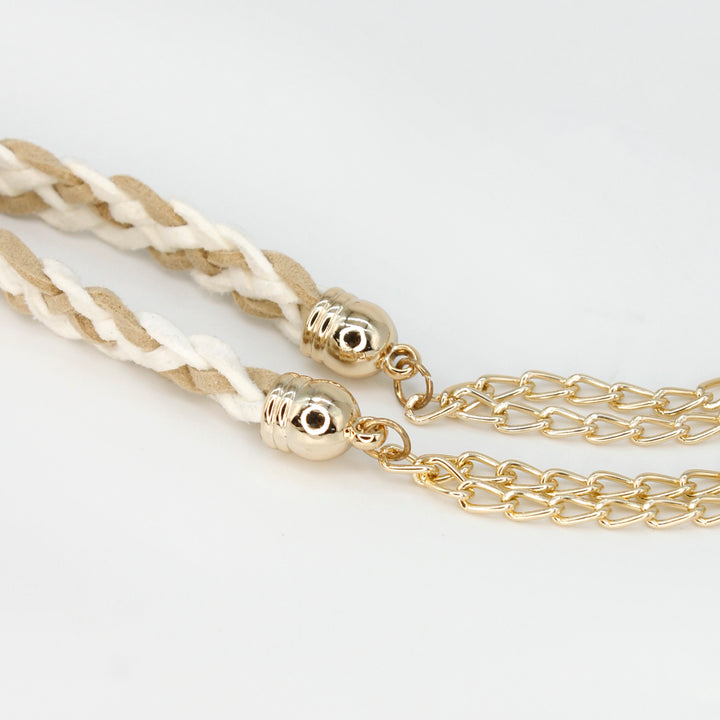 Beige and white colored Braided Tassel waist belt