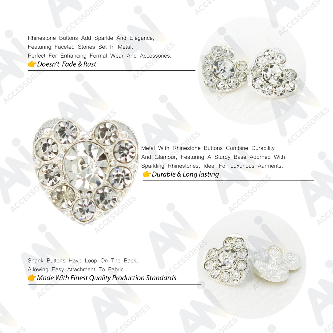 Heart Shape Dome Rhine Stone Buttons