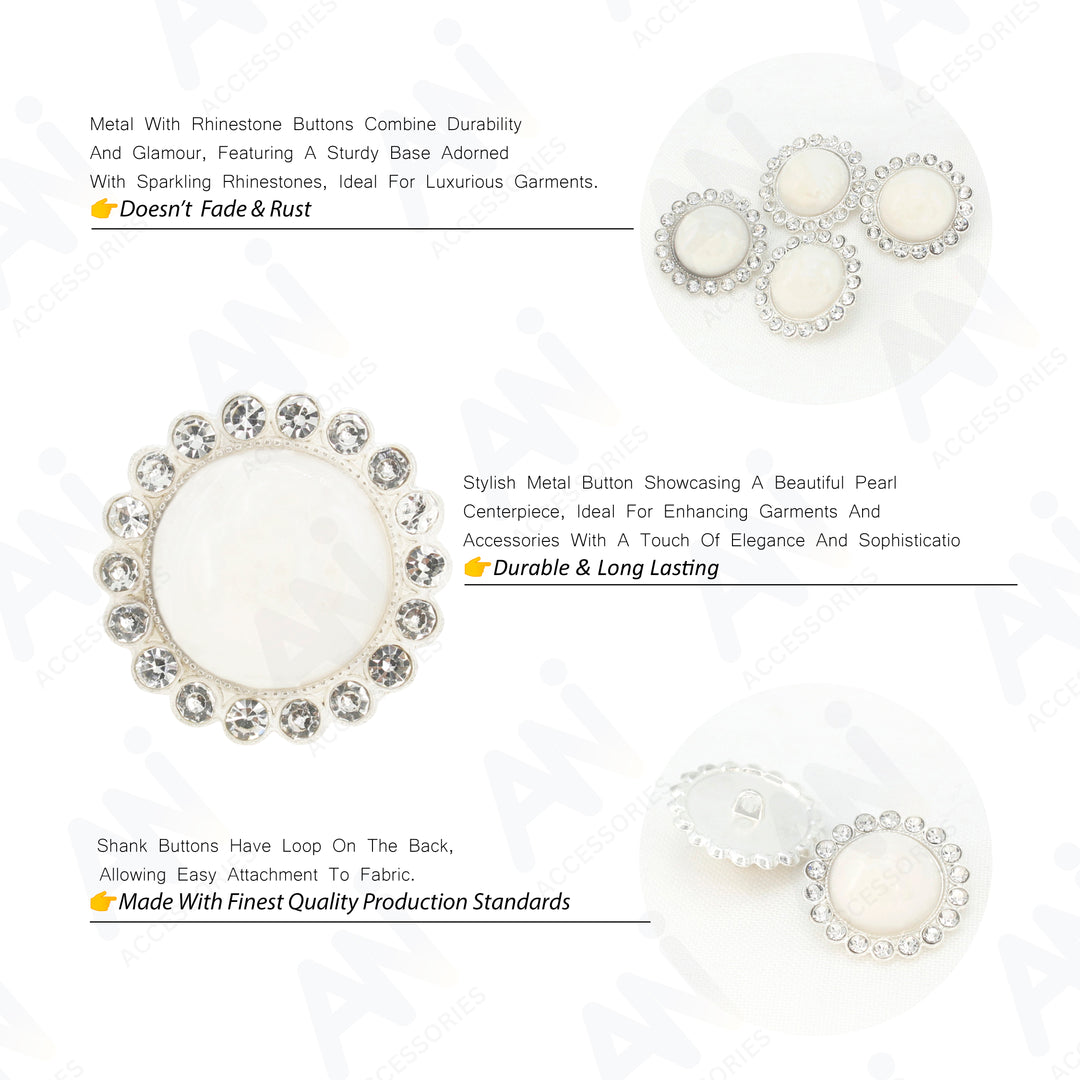 Pearl Rhinestone Shank Metal Buttons