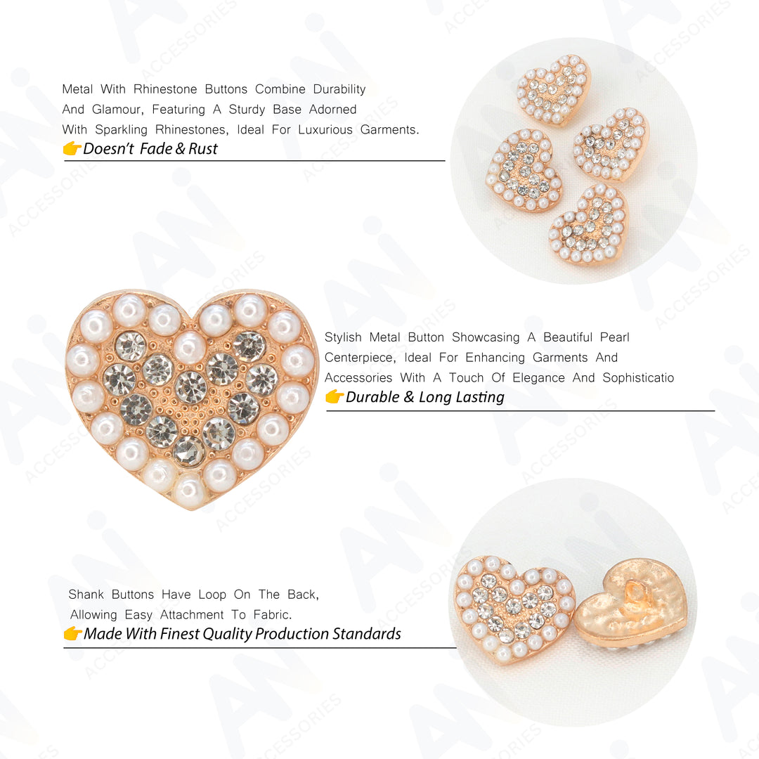 Heart Shape Pearl Rhinestone Metal Buttons