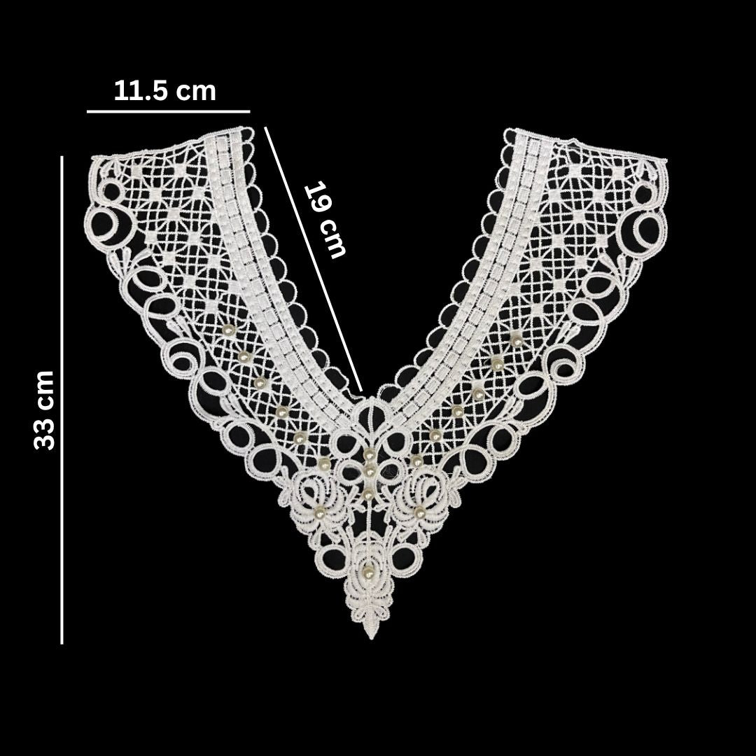 Measurement guide showing cutwork neckline with pearl detailing by Ani Accessories for perfect fit