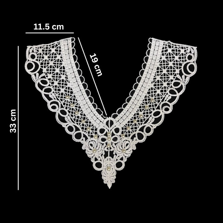 Measurement guide showing cutwork neckline with pearl detailing by Ani Accessories for perfect fit